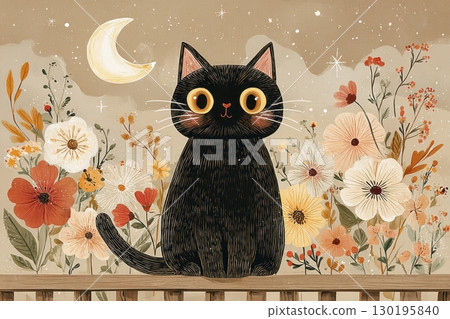 Black cat sits among colorful autumn flowers under a crescent moon, creating a cozy, festive atmosphere perfect for Halloween celebrations with warm fall tones 130195840