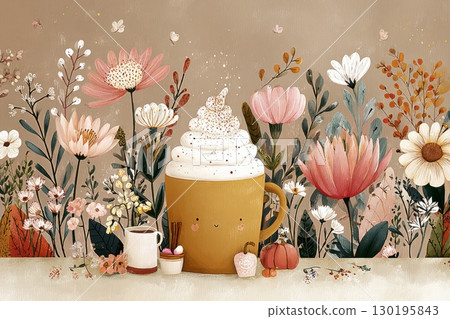 A warm pumpkin spice latte sits among a colorful array of flowers, adding charm to the autumn scene. This delightful arrangement captures the essence of fall's beauty and warmth 130195843