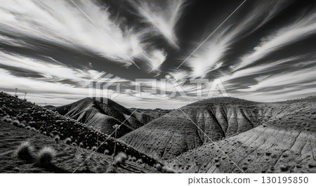 Dramatic Black and White Landscape With Rolling Hills - Generative Ai 130195850