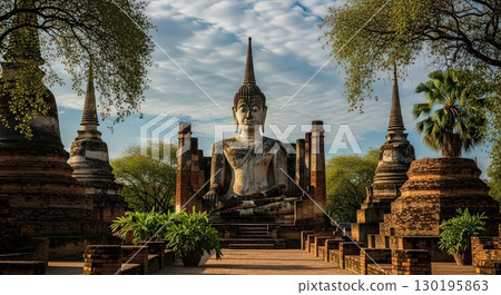 Ancient Buddha Statue in Serene Temple Setting - Generative Ai 130195863