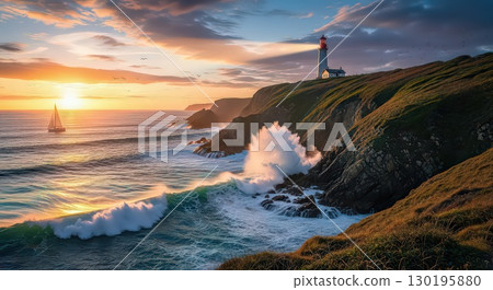 Lighthouse at Sunset on a Rugged Coast - Generative Ai 130195880