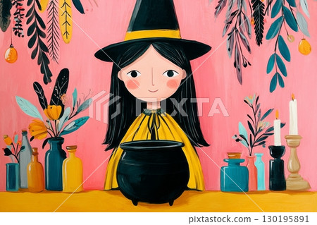 A witch in a yellow dress stirs a bubbling cauldron surrounded by vibrant autumn plants and Halloween decorations. This whimsical scene captures the magic of fall festivities 130195891