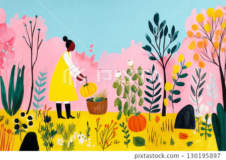 A woman in a yellow dress kneels in a pumpkin patch, carefully lifting a small orange pumpkin into a woven basket surrounded by colorful foliage 130195897
