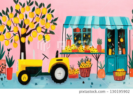 In a charming autumn landscape, a small tractor rests near a farmhouse porch adorned with baskets of freshly picked apples. Bright fall colors create a lively atmosphere 130195902