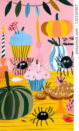 Colorful autumn treats create a festive atmosphere with carefully decorated cupcakes adorned with black spiders and charming pumpkin-shaped cookies ready for Halloween fun Colorful autumn treats create a festive atmosphere with carefully decorated cupcakes adorned with black spiders and charming pumpkin-shaped cookies ready for Halloween fun 130195907