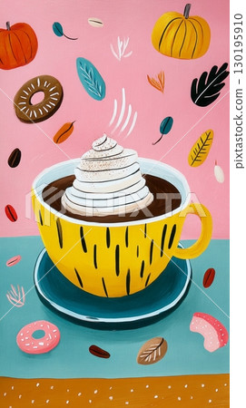 Enjoy a warm pumpkin spice latte topped with whipped cream, set against a playful backdrop of autumn leaves, pumpkins, and sweet treats, perfect for the fall season 130195910