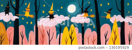In a dark foggy forest shrouded in mist and vibrant autumn colors, faint silhouettes of witches fly on broomsticks against a glowing full moon, creating a spooky atmosphere for Halloween, banner 130195929