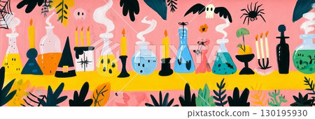 Halloween potion drinks in whimsical glass bottles emit colorful smoke. Candles flicker nearby while playful decorations create a cheerful autumn atmosphere perfect for festivities, banner 130195930