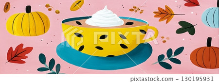 Delight in a cozy cafe as you sip a pumpkin spice latte, surrounded by vibrant autumn leaves and playful pumpkins on a colorful backdrop, bringing warmth to the fall season 130195931