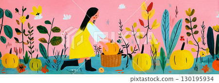 In a vibrant autumn pumpkin patch, a woman kneels, lifting a small orange pumpkin into her wicker basket surrounded by colorful foliage and cheerful plants 130195934