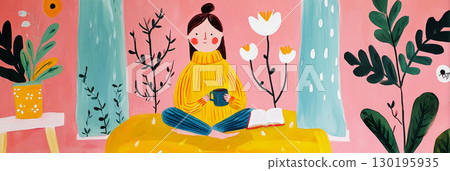 A young woman in a chunky knit sweater sits cross-legged on a window seat, sipping from a warm cup while surrounded by vibrant autumn colors and plants A young woman in a chunky knit sweater sits cross-legged on a window seat, sipping from a warm cup while surrounded by vibrant autumn colors and plants 130195935