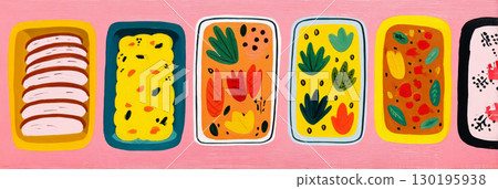 A top-down view shows assorted Thanksgiving leftovers: sliced turkey, creamy mashed potatoes, and bright cranberry sauce in glass containers on a colorful backdrop 130195938