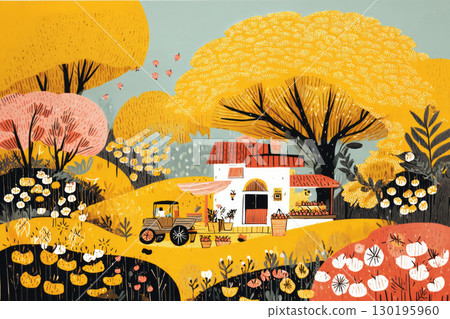 A quaint farmhouse porch displays baskets of freshly picked apples as a small tractor is parked nearby, surrounded by vibrant autumn foliage and warm fall colors A quaint farmhouse porch displays baskets of freshly picked apples as a small tractor is parked nearby, surrounded by vibrant autumn foliage and warm fall colors 130195960