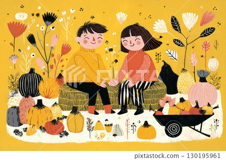 Two joyful kids sit on hay bales, holding hands and laughing together. They're surrounded by a variety of pumpkins and squash, capturing the essence of fall fun Two joyful kids sit on hay bales, holding hands and laughing together. They're surrounded by a variety of pumpkins and squash, capturing the essence of fall fun 130195961