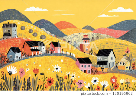 A picturesque countryside village showcases scattered houses surrounded by rolling hills in autumn. Pumpkins decorate front yards, enhancing the seasonal charm of the landscape 130195962