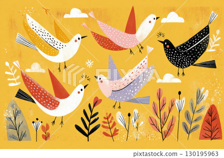 In autumn, colorful migratory birds soar through a bright golden sky, their lively flight in harmony with the stunning fall landscape below, creating a joyful seasonal display 130195963