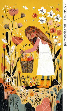 In a vibrant pumpkin patch, a woman kneels to lift a small orange pumpkin into her wicker basket, surrounded by colorful fall foliage and blooming flowers 130195977