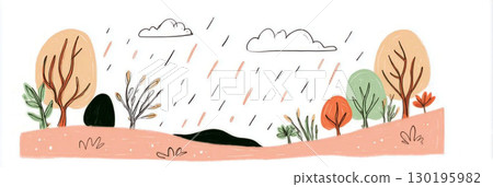 Vibrant autumn foliage showcases hues of orange and green, as rain droplets gracefully fall, creating a tranquil atmosphere in a quiet outdoor setting during the fall season, banner Vibrant autumn foliage showcases hues of orange and green, as rain droplets gracefully fall, creating a tranquil atmosphere in a quiet outdoor setting during the fall season, banner 130195982