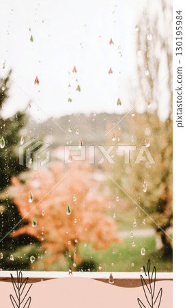 Colorful autumn trees with warm hues stand beneath falling rain droplets. The droplets vary in color, enhancing the cozy ambiance of a rainy fall day Colorful autumn trees with warm hues stand beneath falling rain droplets. The droplets vary in color, enhancing the cozy ambiance of a rainy fall day 130195984