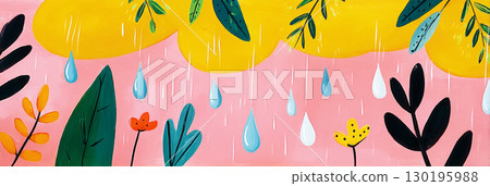 Raindrops fall gently from a cheerful yellow cloud, creating a lively atmosphere among colorful autumn leaves and flowers in a playful design 130195988