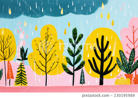Colorful autumn landscape featuring vibrant trees in various shades, enhancing the mood of a rainy day with raindrops cascading from a pastel sky filled with clouds Colorful autumn landscape featuring vibrant trees in various shades, enhancing the mood of a rainy day with raindrops cascading from a pastel sky filled with clouds 130195989