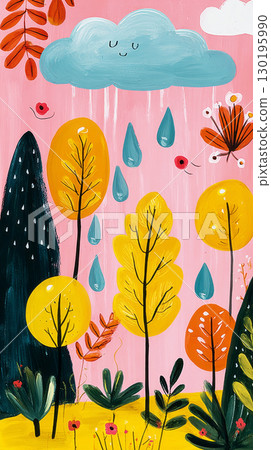 Raindrops fall gently from a cloud above vibrant yellow and orange trees in a lively autumn illustration, creating a joyful atmosphere of the season 130195990