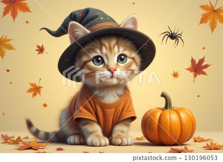 Kitty in witch hat posing among autumn leaves 130196053