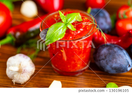 homemade red tomato sauce with hot pepper and spices homemade red tomato sauce with hot pepper and spices 130196105