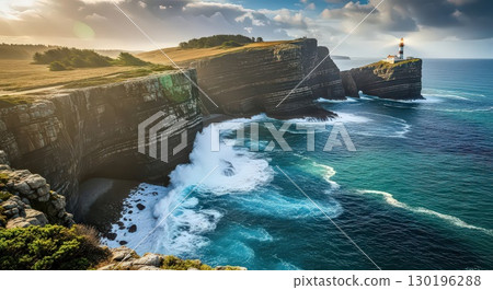 Dramatic Coastal Cliffs With Lighthouse and Crashing Waves - Generative Ai 130196288