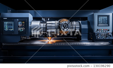 Advanced CNC Machine Performing High-Precision Laser Manufacturing in Modern Factory Advanced CNC Machine Performing High-Precision Laser Manufacturing in Modern Factory 130196290
