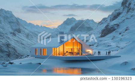Modern winter retreat illuminated at dusk in snowy mountain landscape Modern winter retreat illuminated at dusk in snowy mountain landscape 130196323