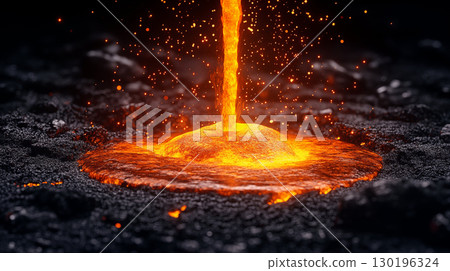 Molten metal eruption spewing sparks against dark background 130196324