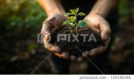 Young plant growing in soil-filled hands under sunlight, environmental sustainability concept 130196366