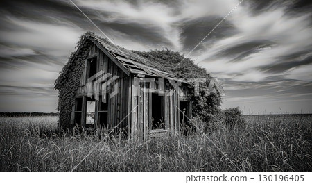 Abandoned wooden house overgrown with vines- generative ai 130196405