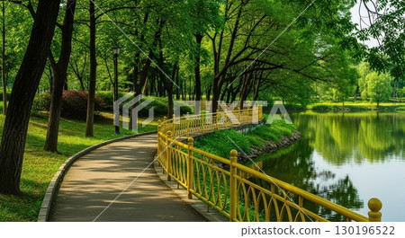 Serene park pathway by the lake - generative Ai 130196522