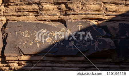 Ancient Petroglyphs on Rock Face Illuminated by Sunlight- Generative Ai Ancient Petroglyphs on Rock Face Illuminated by Sunlight- Generative Ai 130196536