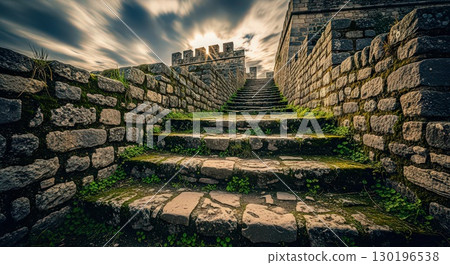 Stone Steps Leading to a Castle Under a Dramatic Sky - Generative Ai 130196538