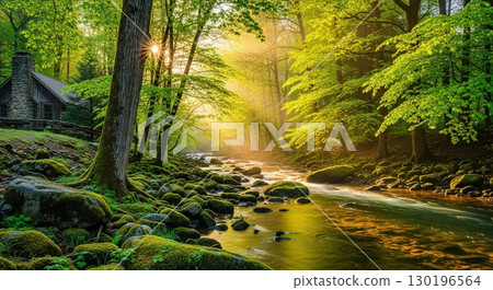 Serene Forest River With Sunlight Filtering Through Trees- Generative Ai 130196564