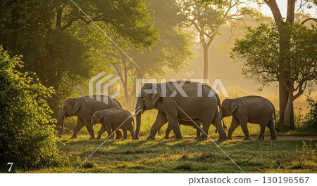 Herd of Elephants in a Sunlit Forest - Ai Generated 130196567