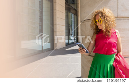 Coquettish s young female model in fashionable elegant bright multicolored green and red clothes looks at her phone against the background of the columns of an office building in the city Coquettish s young female model in fashionable elegant bright multicolored green and red clothes looks at her phone against the background of the columns of an office building in the city 130196597