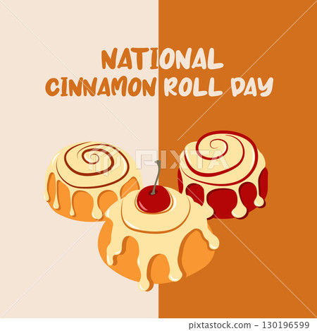 Seasonal banner for National cinnamon roll day in flat style. Hand drawn cinnamon buns for autumn banners and social media posts Seasonal banner for National cinnamon roll day in flat style. Hand drawn cinnamon buns for autumn banners and social media posts 130196599
