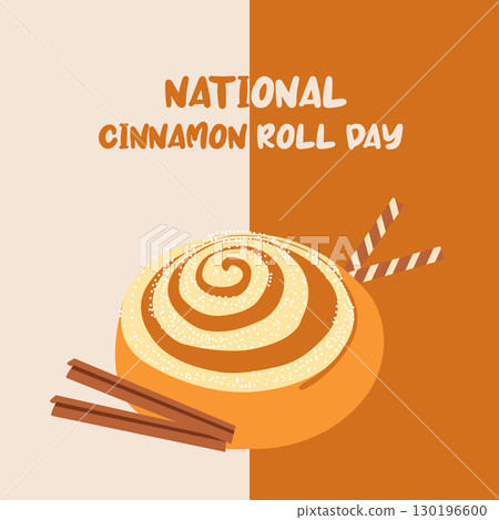Autumn banner for National Cinnamon roll day with bun and cinnamon in flat style. Hand drawn vector illustration perfect for autumn banners and social media Autumn banner for National Cinnamon roll day with bun and cinnamon in flat style. Hand drawn vector illustration perfect for autumn banners and social media 130196600