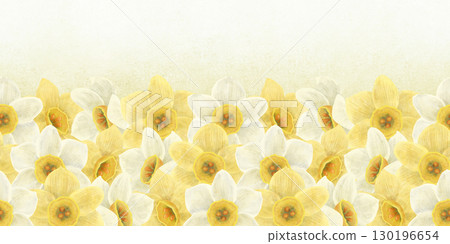 Seamless flower border of yellow, white daffodils on a gradient background with a yellow tint. Handmade digital illustration, watercolor, pastel. 130196654