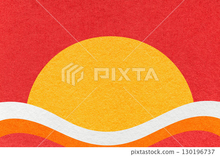 Red textured paper background with yellow circle for copy space and white, orange waves for banner, presentation 130196737