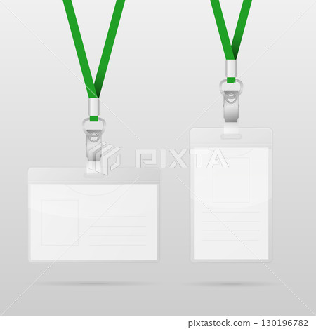 Vector Realistic Blank ID Badge Mockup with Green Lanyard. Horizontal and Vertical Employee Passes. Corporate Name Tag Template. Staff Identity Card. Office Access Pass Vector Realistic Blank ID Badge Mockup with Green Lanyard. Horizontal and Vertical Employee Passes. Corporate Name Tag Template. Staff Identity Card. Office Access Pass 130196782