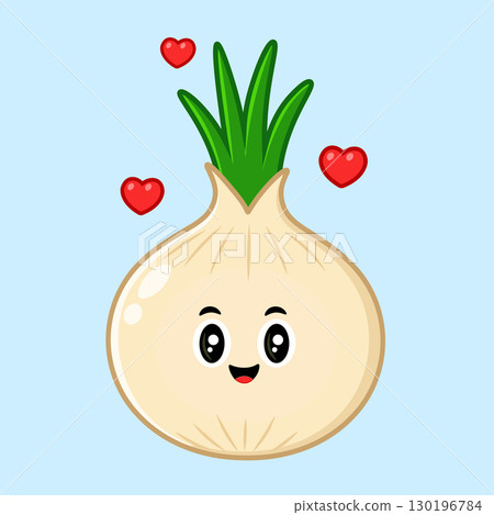 A cheerful cartoon onion with a delightful smile and floating hearts, full of love. 130196784