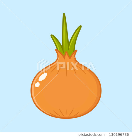 Cartoon onion illustration with green sprouts on a light blue background. Cartoon onion illustration with green sprouts on a light blue background. 130196786