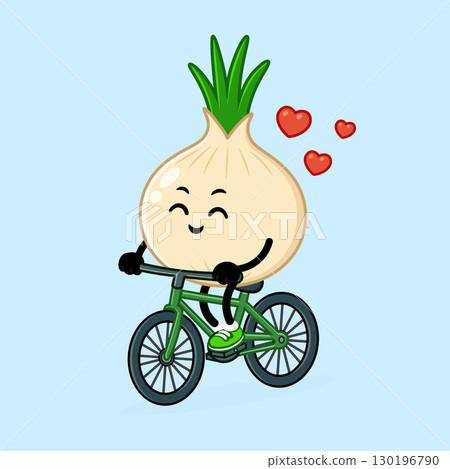 A cheerful onion character joyfully rides a bicycle, surrounded by hearts, conveying feelings of love. A cheerful onion character joyfully rides a bicycle, surrounded by hearts, conveying feelings of love. 130196790