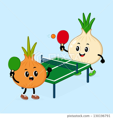 Two cute onion characters enjoy a game of table tennis in a playful cartoon style. Two cute onion characters enjoy a game of table tennis in a playful cartoon style. 130196791