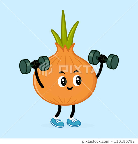 A funny cartoon onion character is lifting dumbbells, embodying a healthy lifestyle through exercise. A funny cartoon onion character is lifting dumbbells, embodying a healthy lifestyle through exercise. 130196792